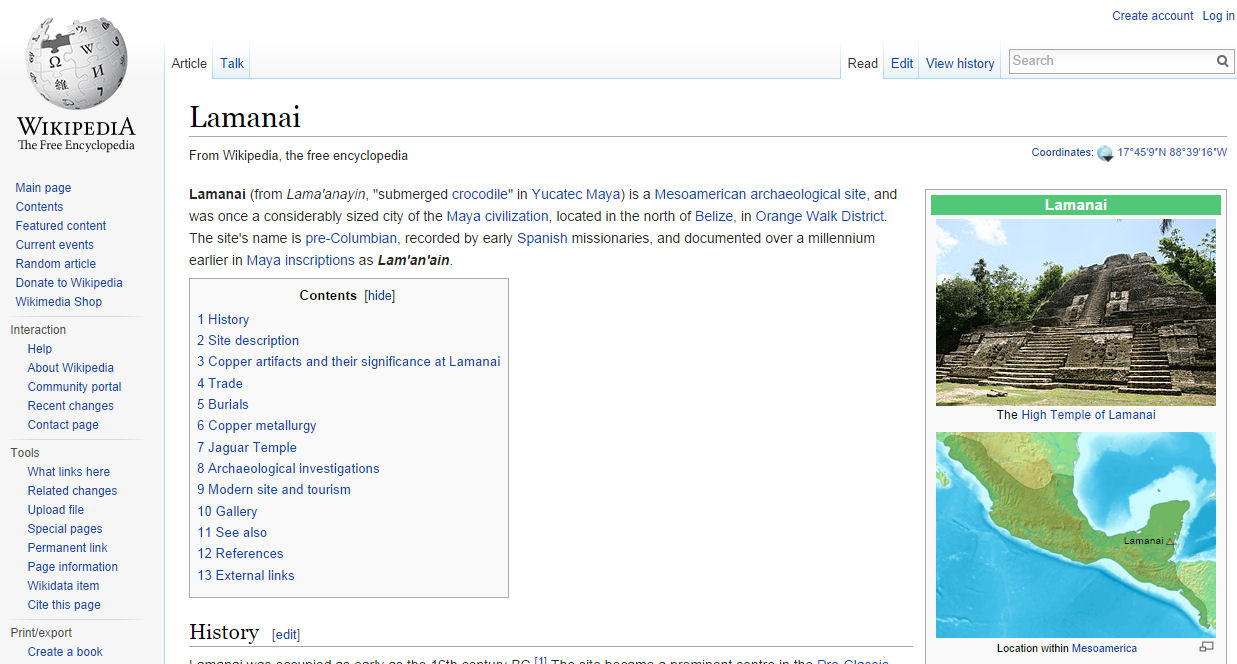 Wikipedia entry on the ancient city of Lamanai located on the Yucatan peninsula. The city of Lamani, unlike other Mesoamerican archaeological sites, retains its original name.