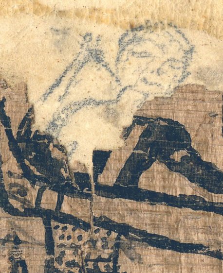 Closeup of missing area in which the head and knife have been added. Note that in the final woodcut, the knife appeared in the left hand rather than the right