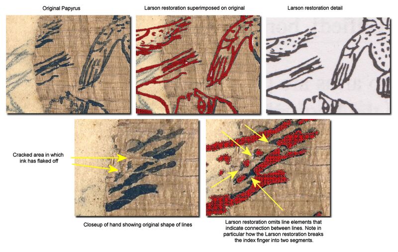Comparison of high resolution image of the Joseph Smith papyrus with Charles Larson restoration - detail of the "hand versus wing".