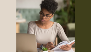 a young woman examines sources