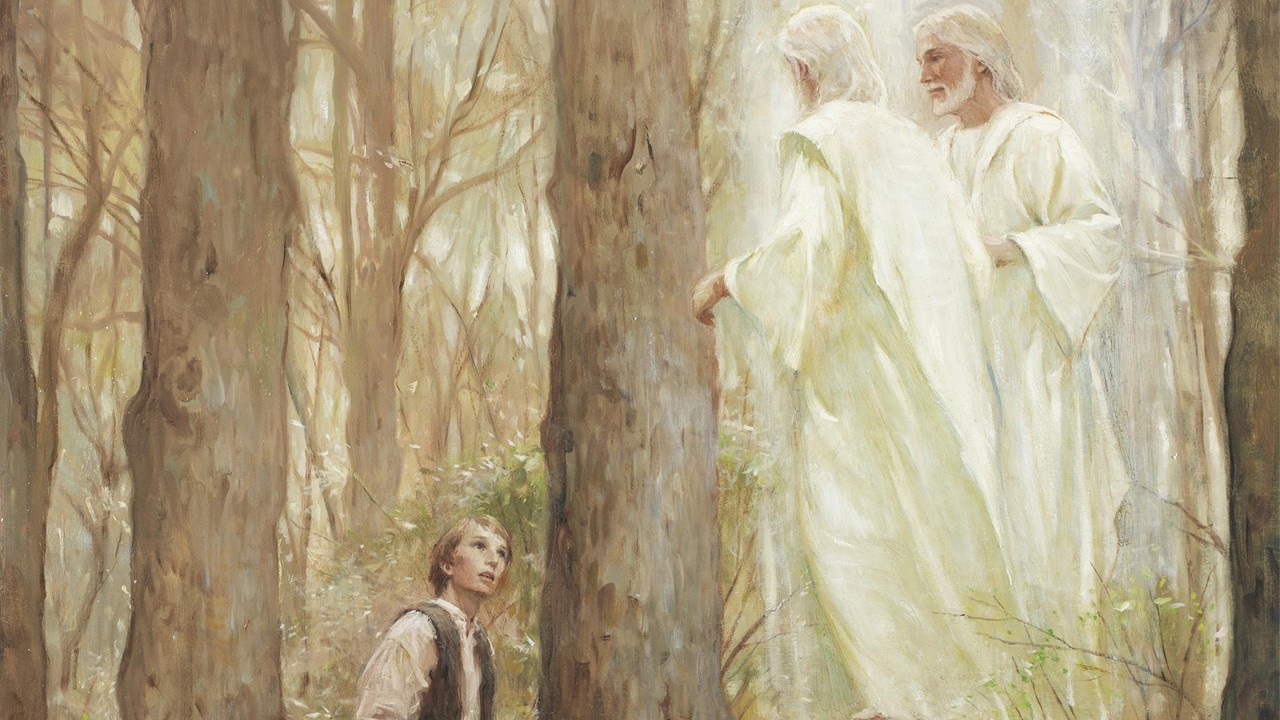 A painting of a person looking at a person in a white robe