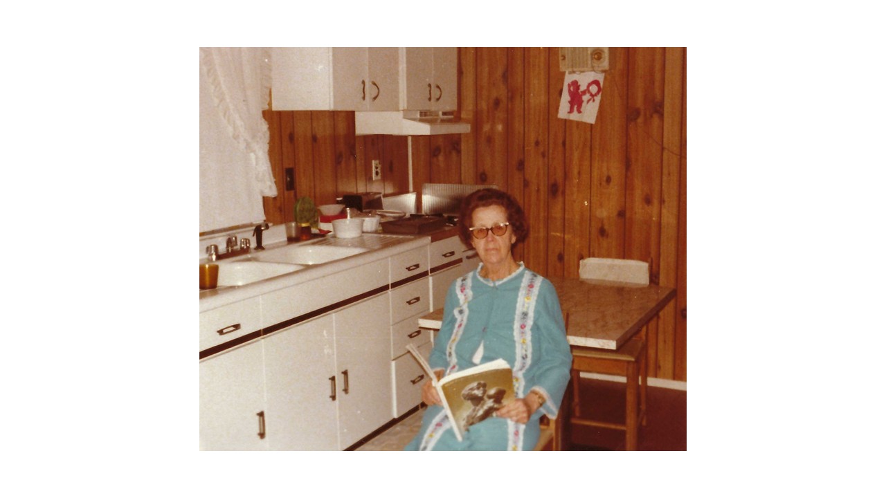 A person sitting in a kitchen reading a book