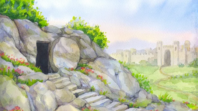 An empty tomb at sunrise symbolizing the Resurrection of Jesus Christ and victory over death.