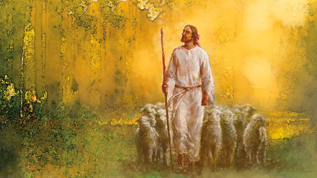 Shepherd guiding sheep across a peaceful field, representing God’s guidance