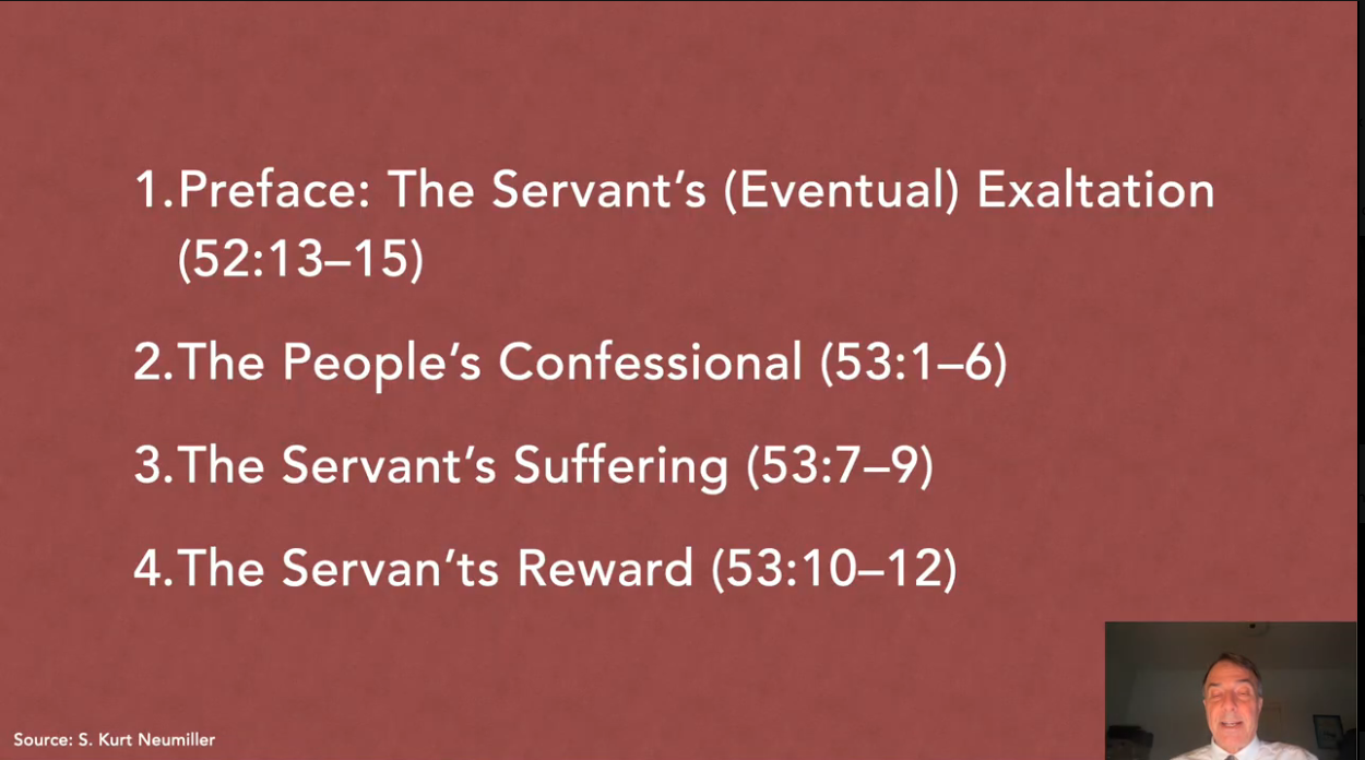 Four-part outline: the servant’s eventual exaltation, the people’s confession, the servant’s suffering, and the servant’s reward.