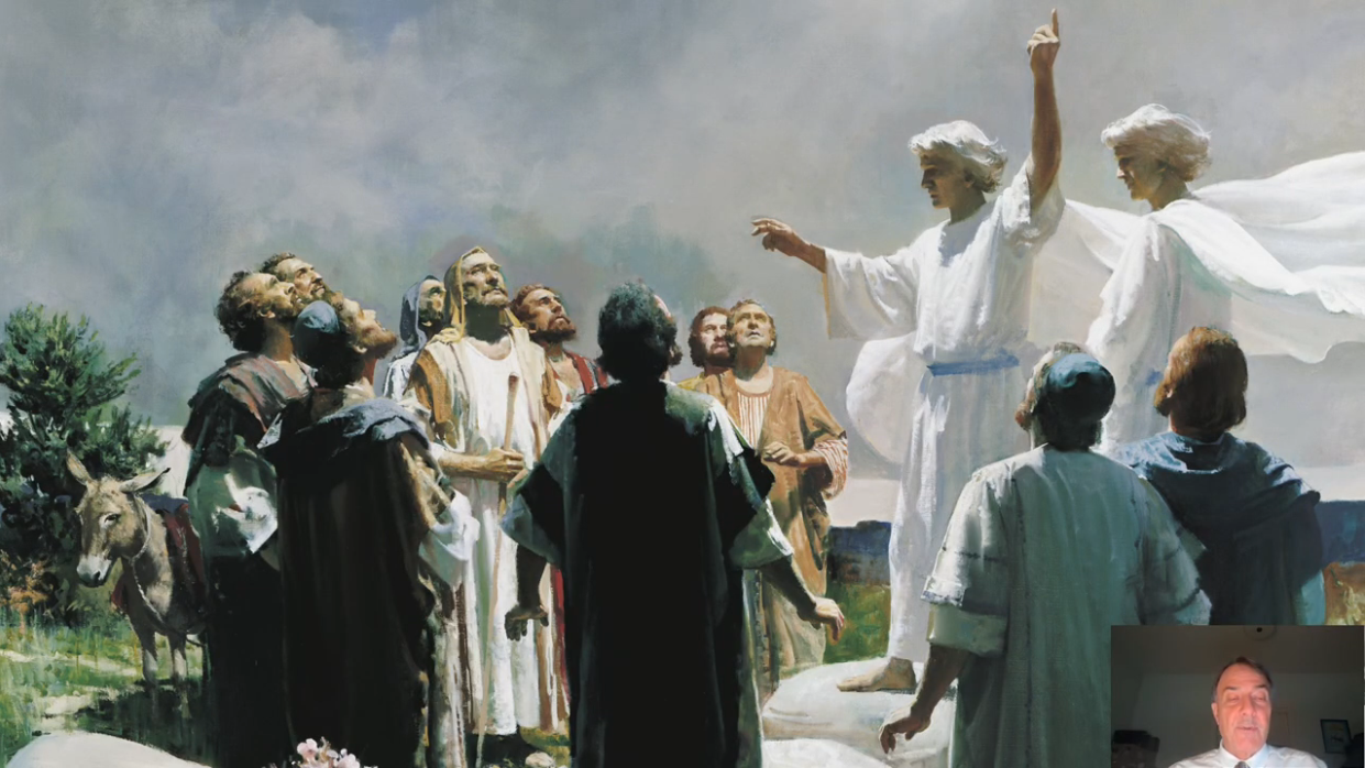 Painting of two white-robed angels addressing disciples after Jesus’s ascension; one angel points toward heaven.