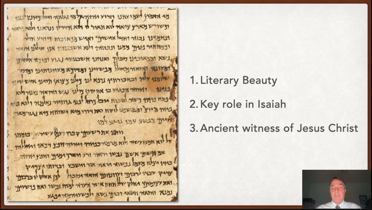  Isaiah 53 manuscript from the Great Isaiah Scroll beside three themes: literary beauty, its key role in Isaiah, and ancient witness of Jesus Christ.