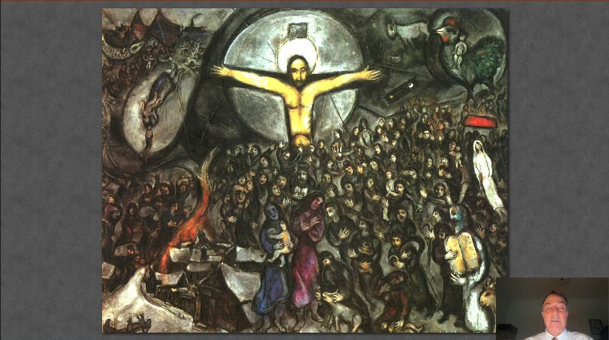 Painting of Jesus on the cross above a dense crowd, with surrounding scenes and figures.