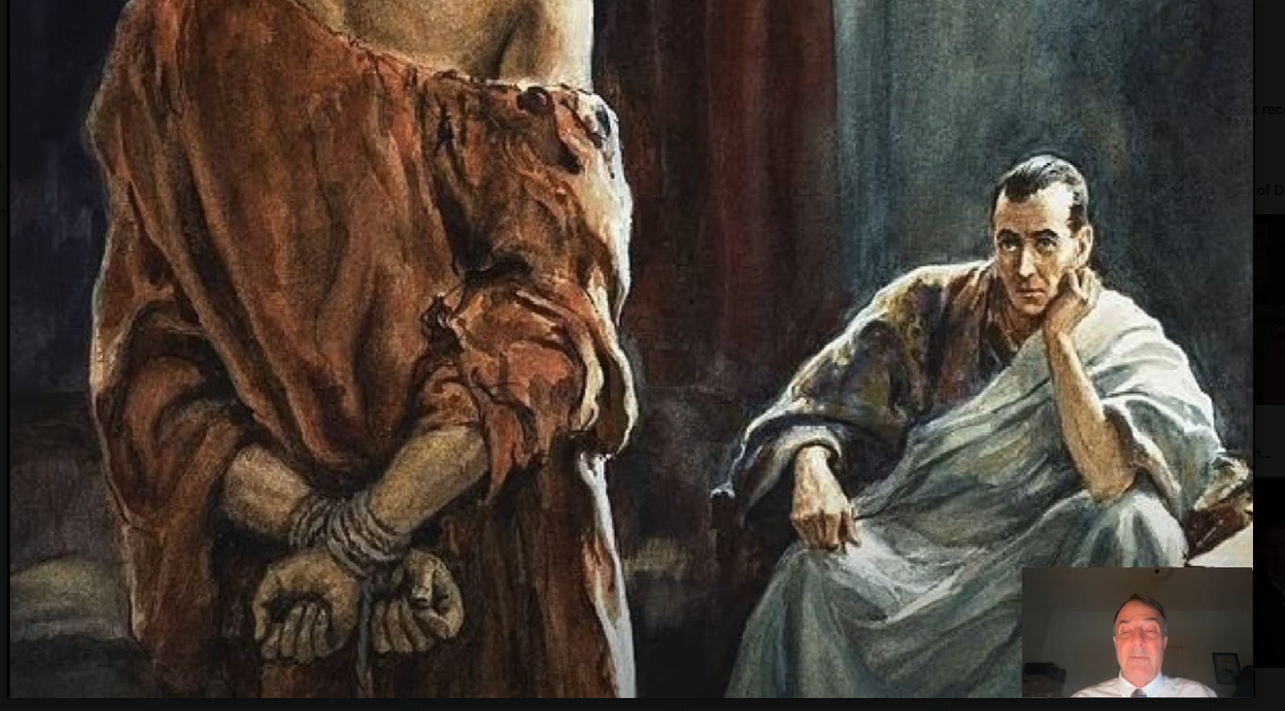 Painting of bound Jesus standing before a seated Roman ruler, who rests his chin on his hand.
