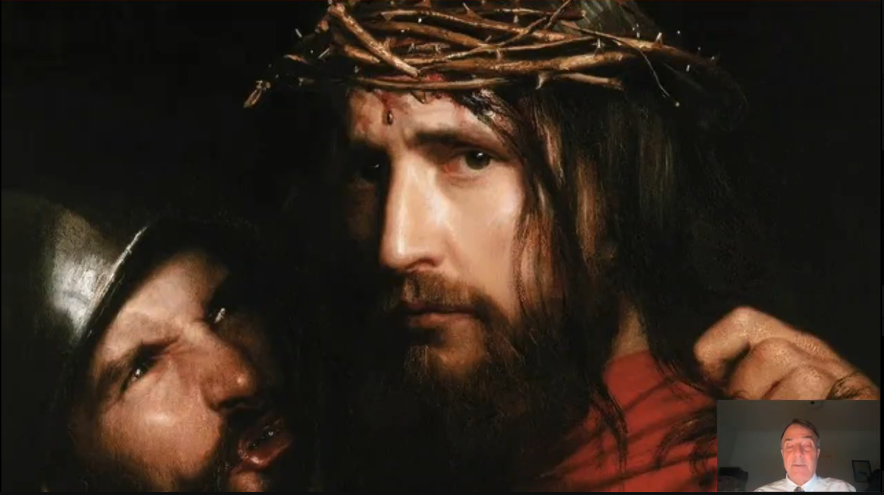 Close-up painting of Jesus wearing a crown of thorns as another man leans toward him and grips his shoulder.