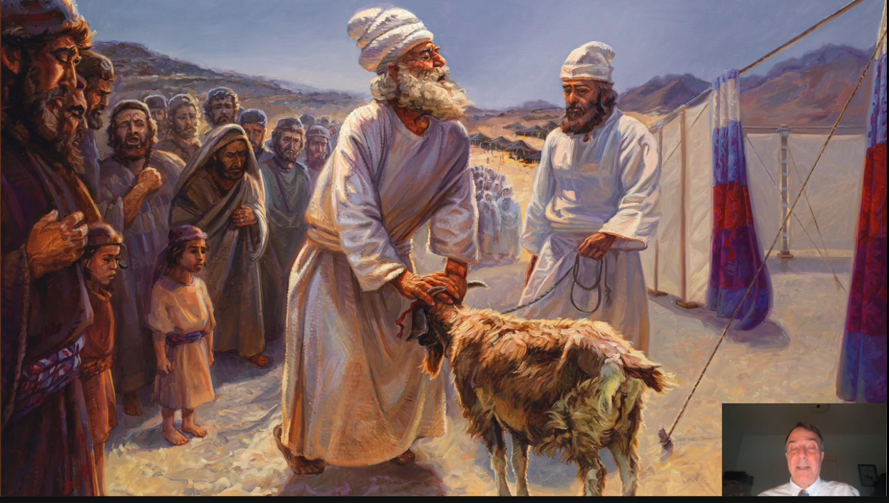 Painting of a priest placing his hands on a goat’s head near the tabernacle while a group watches.