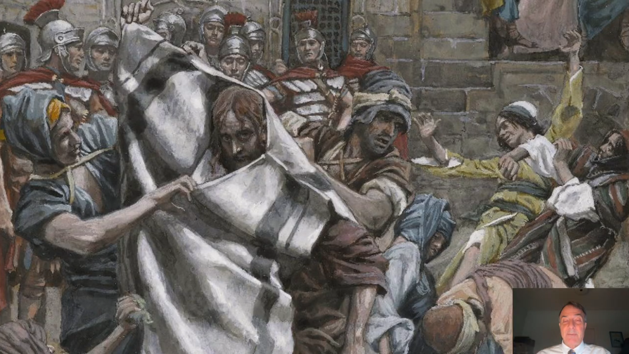 Painting of Jesus surrounded by soldiers and a crowd, with a cloth draped over his head and shoulders.