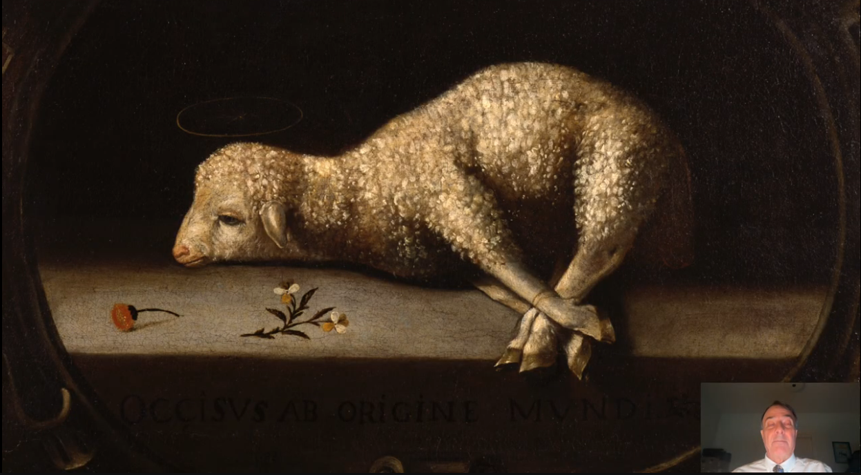 Painting of a lamb lying on a stone slab with its legs bound together and a faint halo above its head.