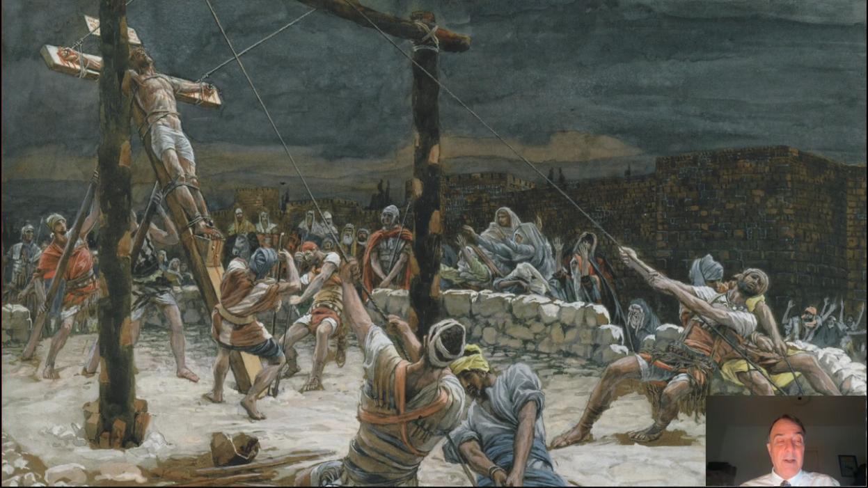 Painting of men using ropes to raise a cross bearing Jesus, with soldiers and onlookers nearby.