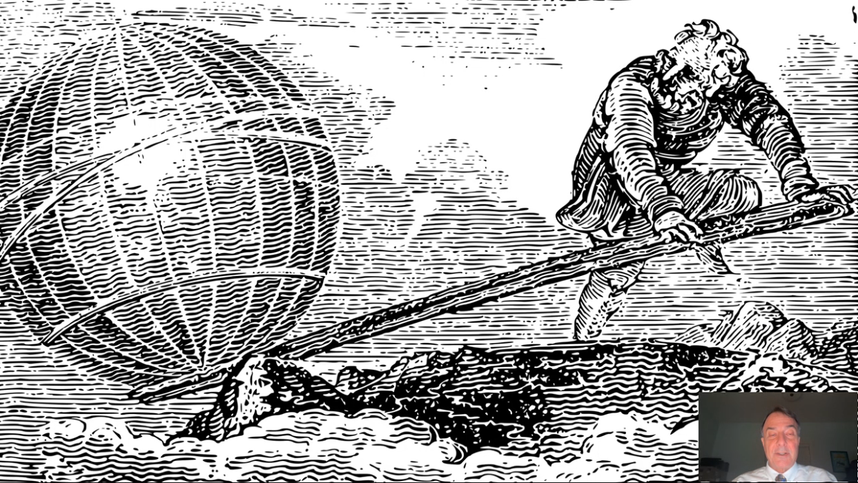 Black-and-white engraving of Archimedes using a long lever and fulcrum to lift a globe.