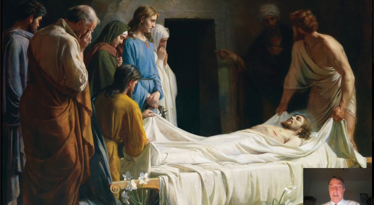 Painting of mourners gathered around Jesus’s body, wrapped in a white burial cloth beside a dark tomb entrance.