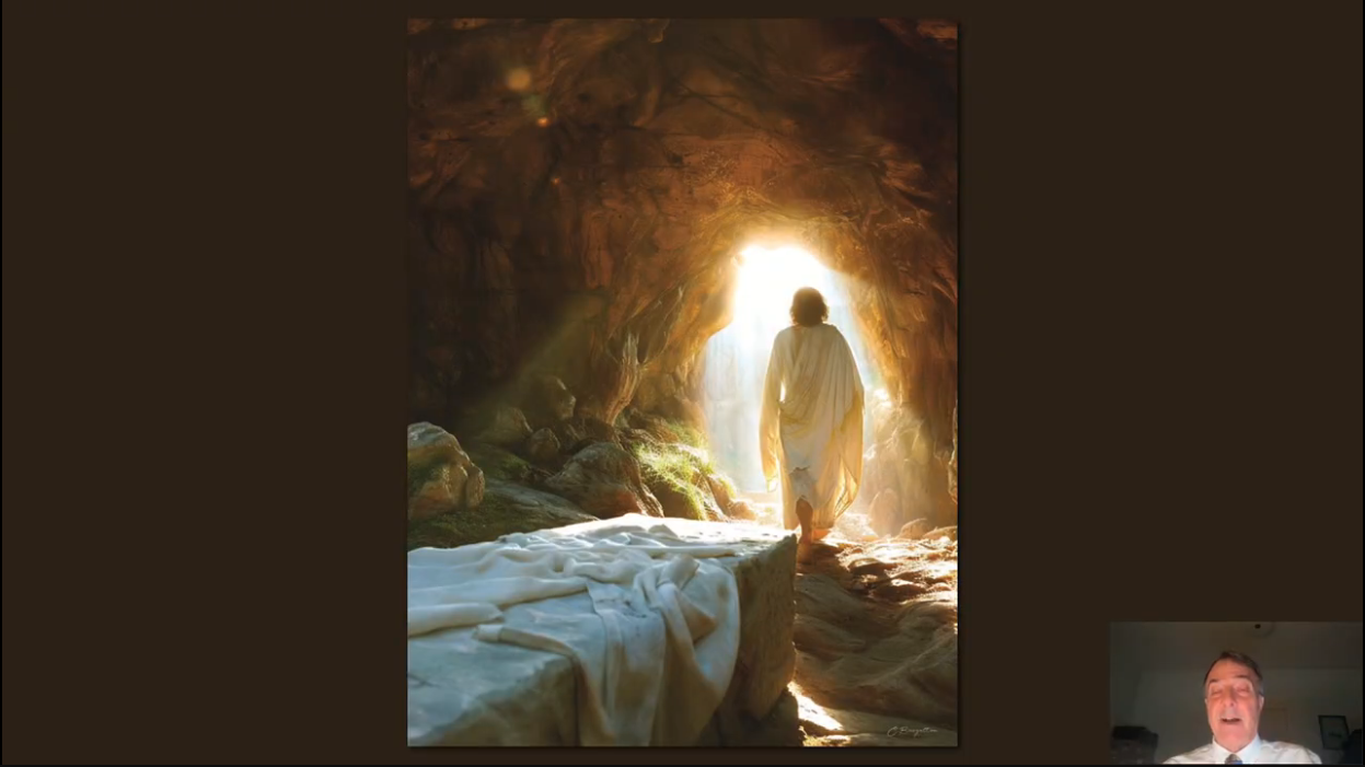 Painting of the risen Jesus walking toward a bright tomb entrance, leaving white burial cloths on a stone slab.