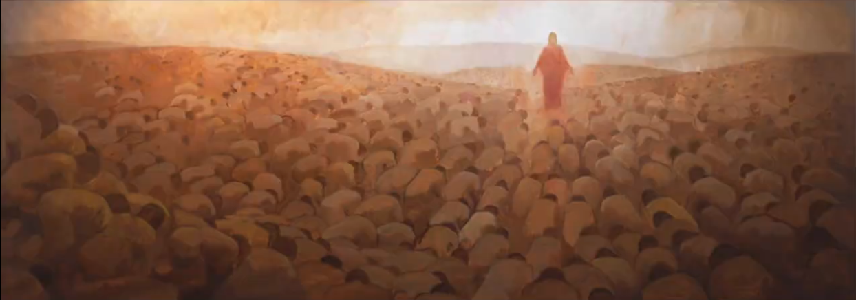 Painting of a shepherd in a red robe amid a vast flock of sheep stretching across a sunlit landscape.