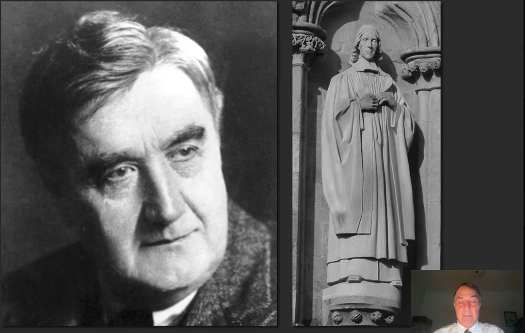 Black-and-white portrait of composer Ralph Vaughan Williams beside a photograph of a statue of poet George Herbert.