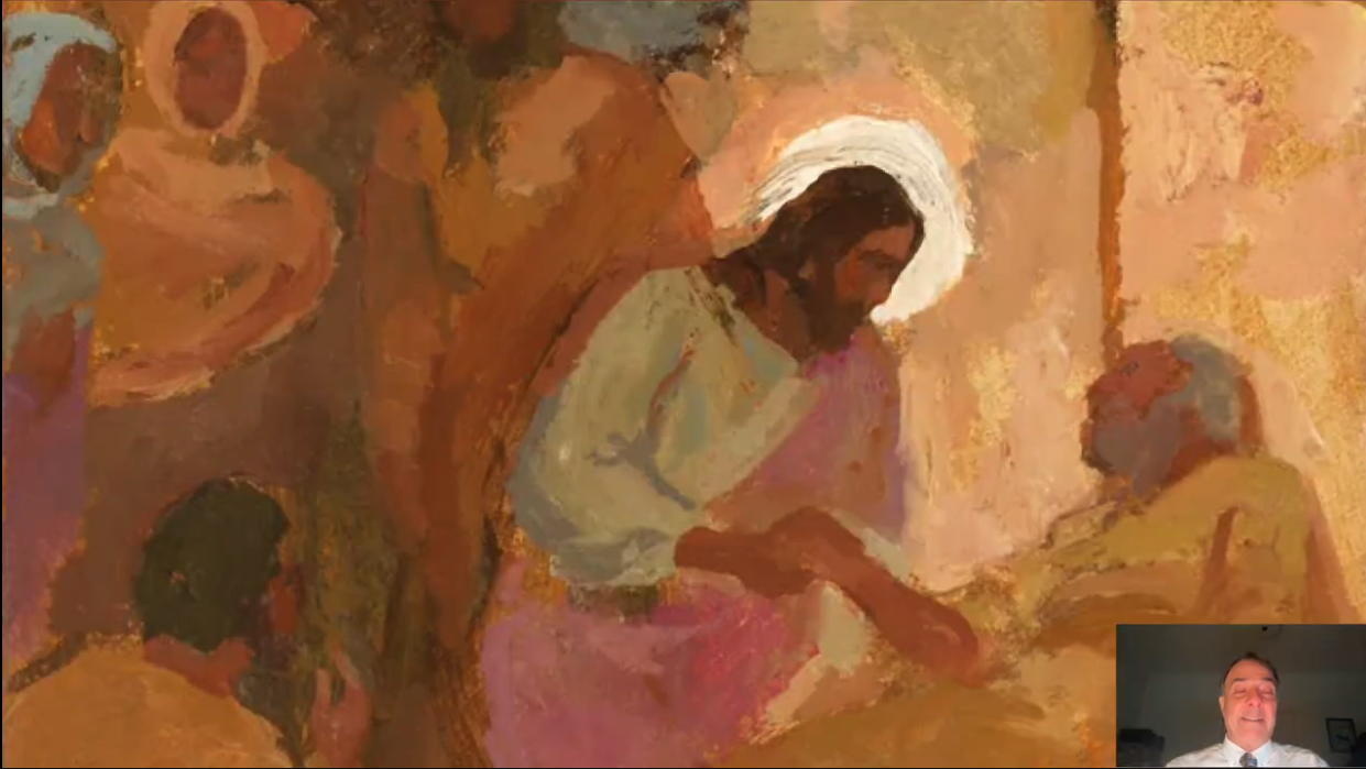 Painting of Jesus leaning toward a reclining man and holding his hand, with other figures nearby.