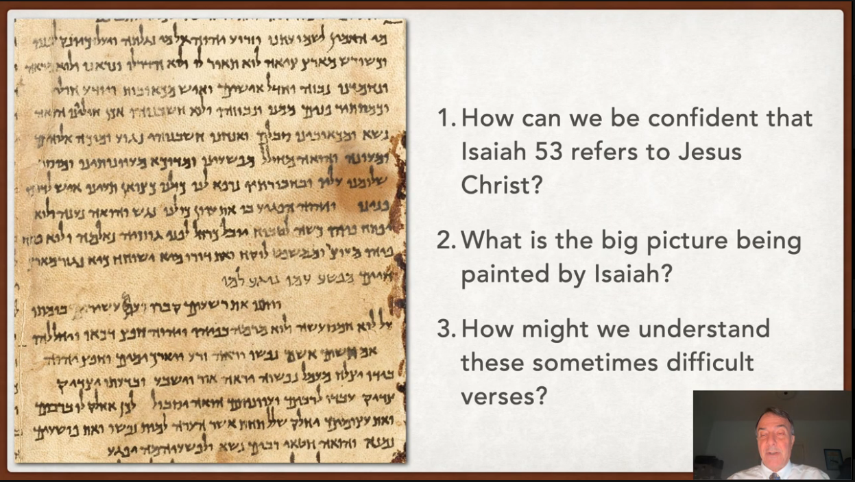Great Isaiah Scroll manuscript beside three questions about Isaiah 53: its connection to Jesus Christ, its overall message, and difficult verses.