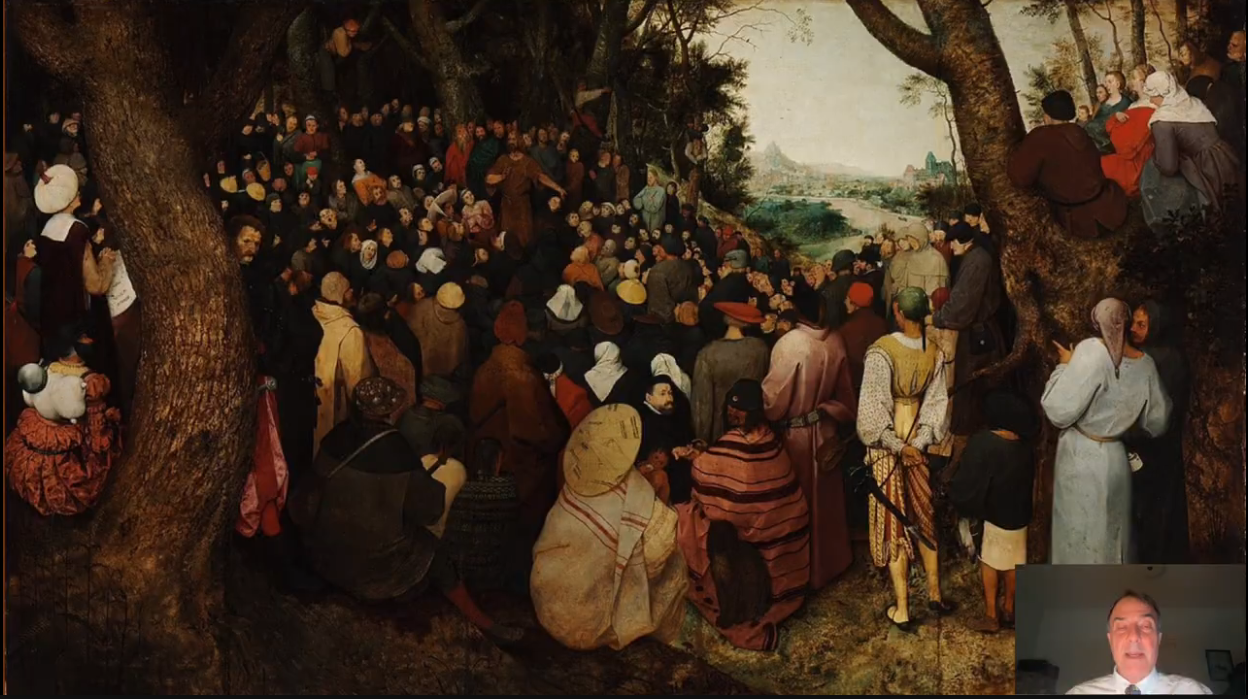 Painting of John the Baptist preaching to a large crowd gathered among trees, with some listeners perched in branches.