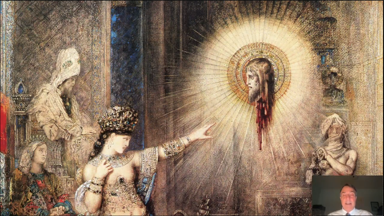 Painting of Salome reaching toward a vision of John the Baptist’s severed head, surrounded by radiant light.