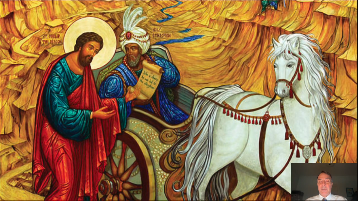 Icon of Philip beside the Ethiopian eunuch, who holds a written passage while seated in a chariot drawn by white horses.