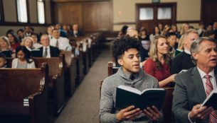 a congregation singing a hymn